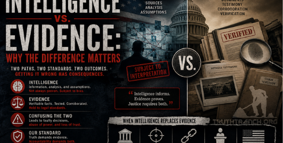 Intelligence refers to the ability to gather and analyze information, while evidence is the information used to support a claim or argument in a legal context. The distinction is important, especially in legal and security matters, where intelligence may not always be admissible as evidence in court. - Truth Trench Think Tank