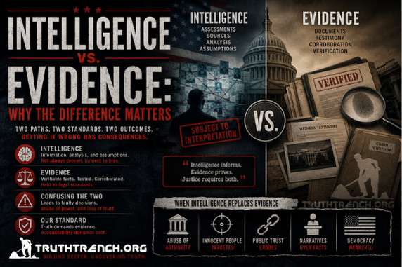 Intelligence refers to the ability to gather and analyze information, while evidence is the information used to support a claim or argument in a legal context. The distinction is important, especially in legal and security matters, where intelligence may not always be admissible as evidence in court. - Truth Trench Think Tank