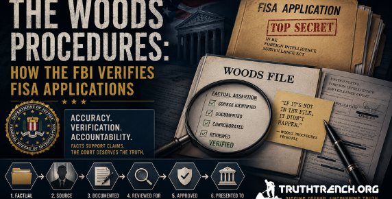 The Woods Procedures are guidelines established by the FBI to ensure the accuracy of information in applications submitted under the Foreign Intelligence Surveillance Act (FISA). They require FBI personnel to document support for all factual assertions in these applications to maintain compliance and oversight. - Truth Trench Think Tank