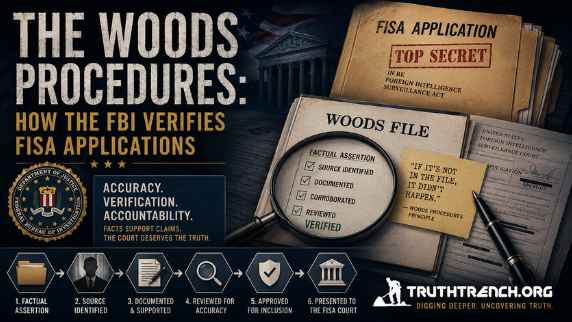 The Woods Procedures are guidelines established by the FBI to ensure the accuracy of information in applications submitted under the Foreign Intelligence Surveillance Act (FISA). They require FBI personnel to document support for all factual assertions in these applications to maintain compliance and oversight. - Truth Trench Think Tank