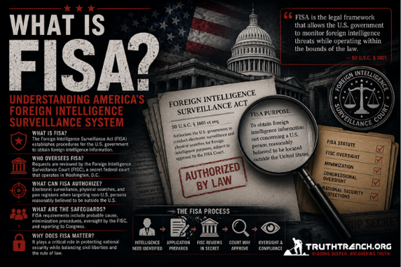 FISA, or the Foreign Intelligence Surveillance Act of 1978, is a U.S. federal law that establishes procedures for the surveillance and collection of foreign intelligence information on domestic soil. It requires federal agencies to obtain authorization for gathering intelligence related to foreign powers and their agents suspected of espionage or terrorism. - Truth Trench Think Tank