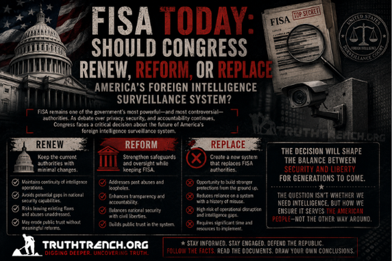 Today, the Foreign Intelligence Surveillance Court (FISC) is still overseeing government surveillance requests under the Foreign Intelligence Surveillance Act (FISA), and Section 702 has a one-year certification running through March 2027. Under Section 702, intelligence agencies collect foreign communications from people overseas, and communications involving Americans can be incidentally included and later searched through “U.S. person queries." - Truth Trench Think Tank