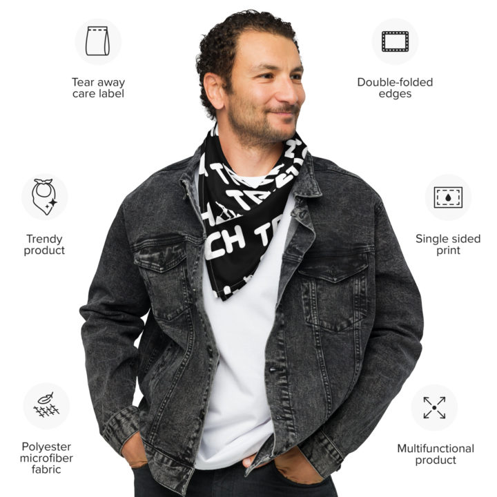 Truth Trench Bandanna male Caucasian model. Black with white writing - TruthTrench