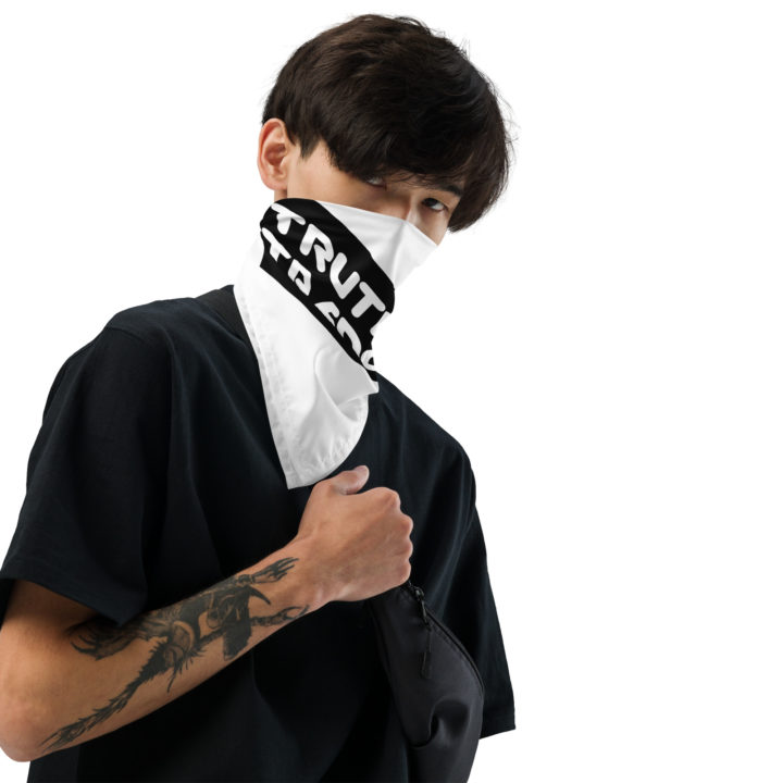 Truth Trench Bandanna male Asian model. White with black writing - TruthTrench