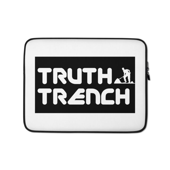 TruthTrench laptop sleeve case white with black logo - TruthTrench