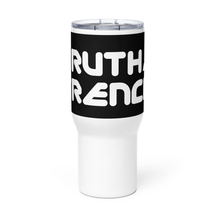 TruthTrench 25 oz white travel mug with handle - TruthTrench