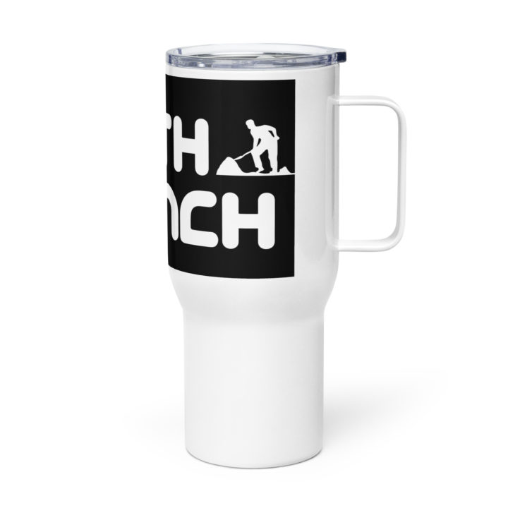 TruthTrench 25 oz white travel mug with handle - TruthTrench