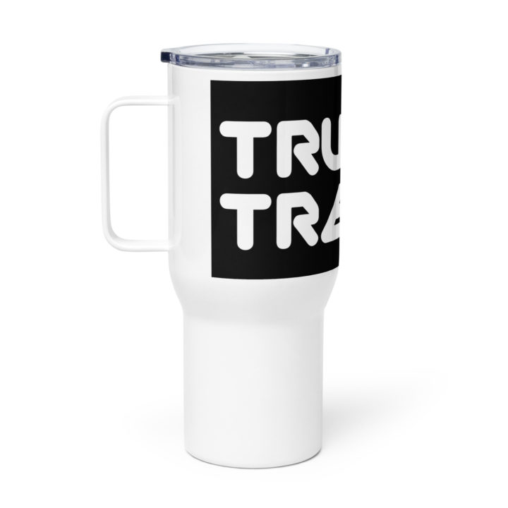 TruthTrench 25 oz white travel mug with handle - TruthTrench