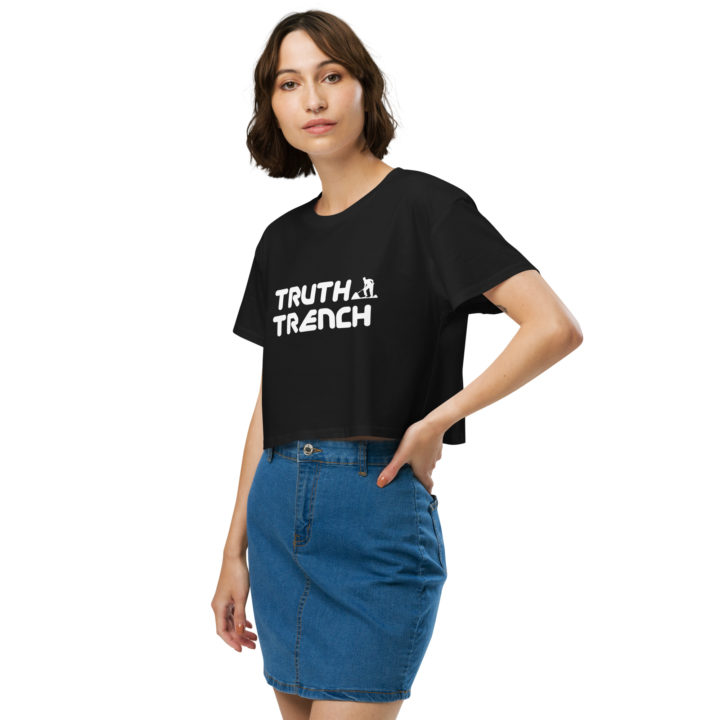 Truth Trench crop top female model. TruthTrench logo on front - TruthTrench