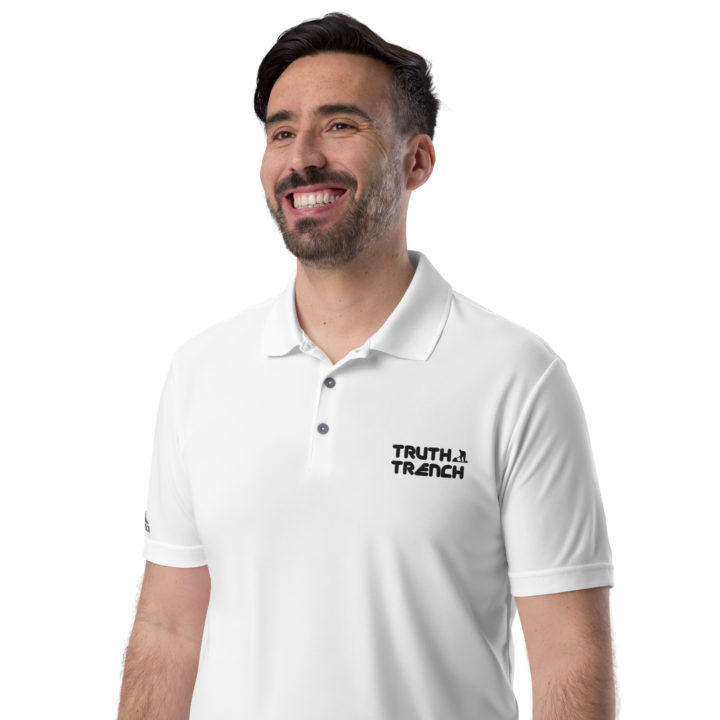 Men’s Adidas Performance white polo shirt. TruthTrench logo on front - TruthTrench