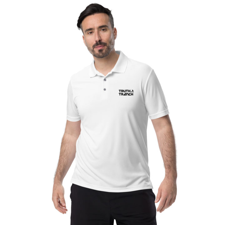 Men’s Adidas Performance white polo shirt. TruthTrench logo on front - TruthTrench