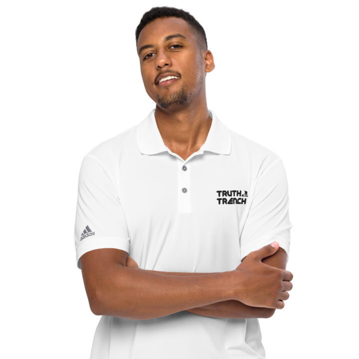 Men’s Adidas Performance white polo shirt. TruthTrench logo on front - TruthTrench