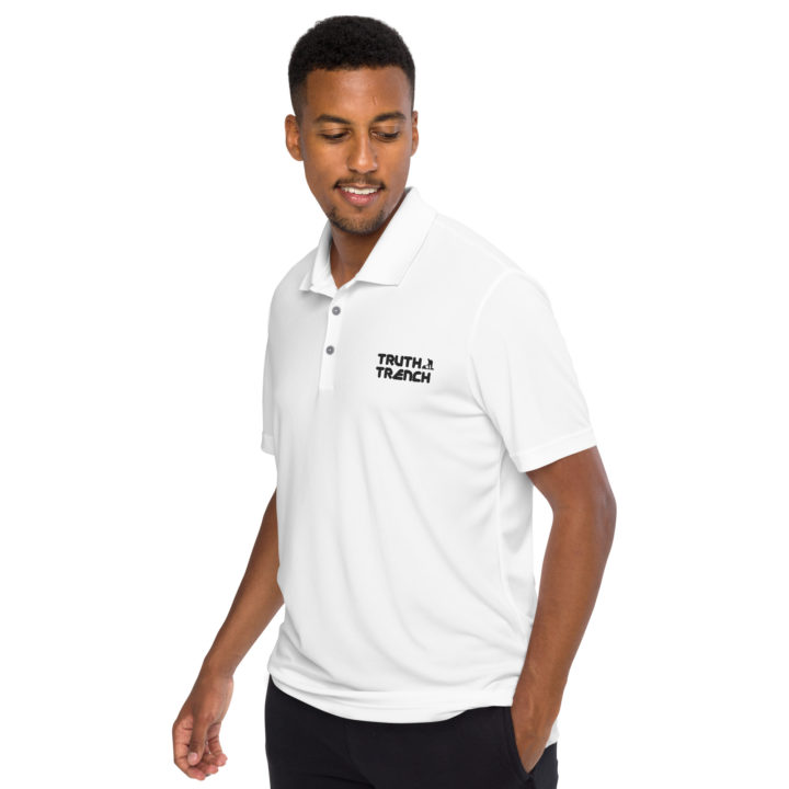 Men’s Adidas Performance white polo shirt. TruthTrench logo on front - TruthTrench