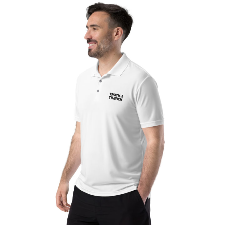 Men’s Adidas Performance white polo shirt. TruthTrench logo on front - TruthTrench