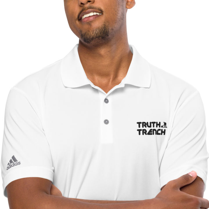 Men’s Adidas Performance white polo shirt. TruthTrench logo on front - TruthTrench