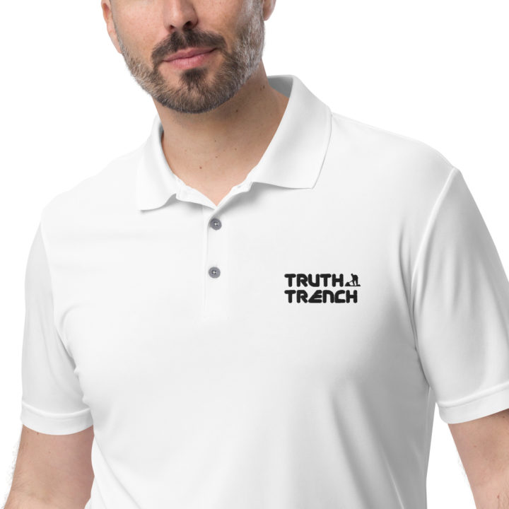 Men’s Adidas Performance white polo shirt. TruthTrench logo on front - TruthTrench