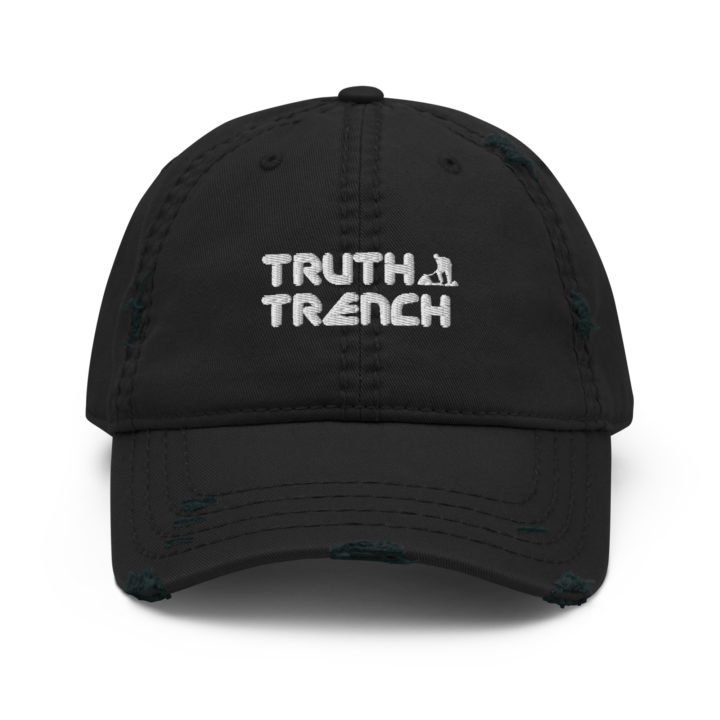 TruthTrench black distressed baseball cap. TruthTrench logo on front - TruthTrench