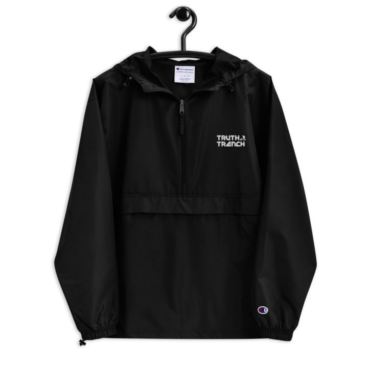 TruthTrench black Champion packable jacket. Embroidered TruthTrench logo on front - TruthTrench