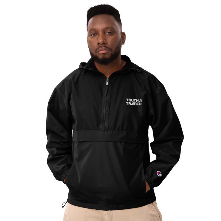 TruthTrench black Champion packable jacket. Embroidered TruthTrench logo on front - TruthTrench