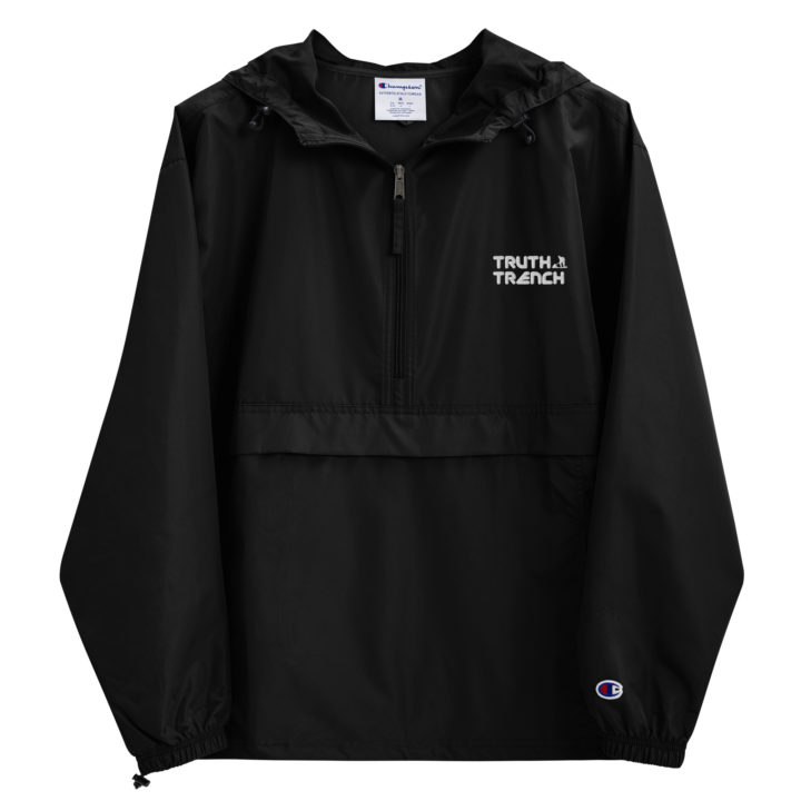 TruthTrench black Champion packable jacket. Embroidered TruthTrench logo on front - TruthTrench