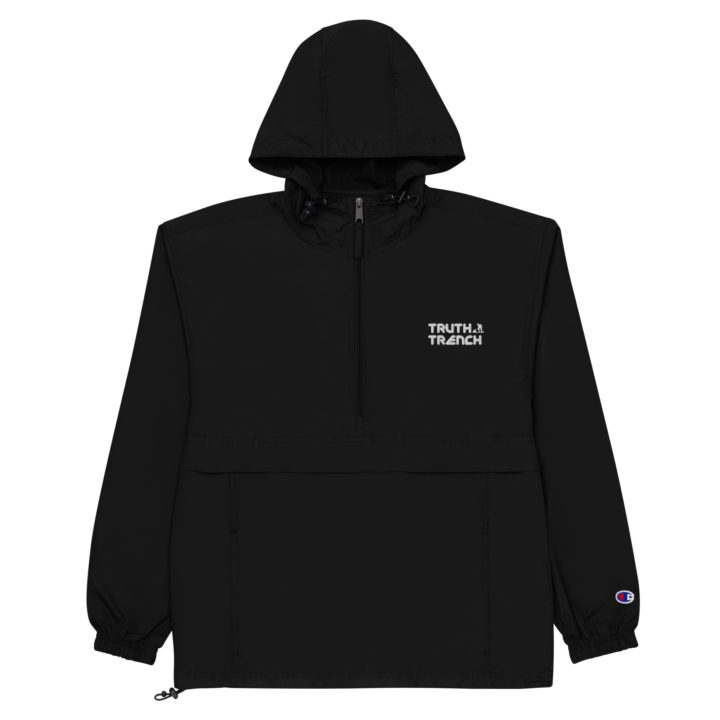 TruthTrench black Champion packable jacket. Embroidered TruthTrench logo on front - TruthTrench