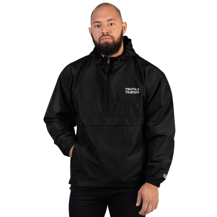 TruthTrench black Champion packable jacket. Embroidered TruthTrench logo on front - TruthTrench