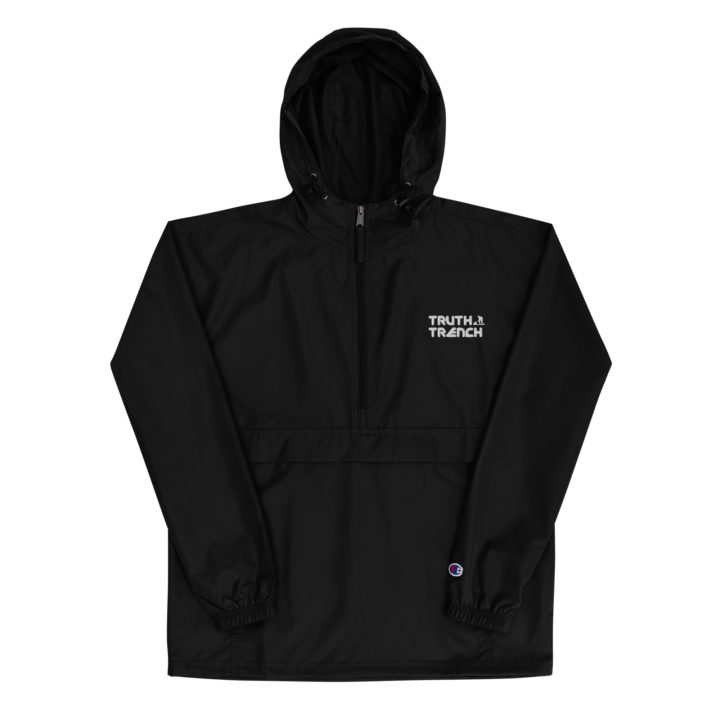 TruthTrench black Champion packable jacket. Embroidered TruthTrench logo on front - TruthTrench