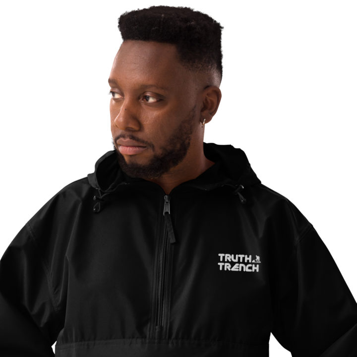 TruthTrench black Champion packable jacket. Embroidered TruthTrench logo on front - TruthTrench