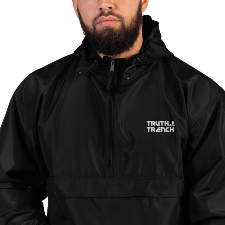 TruthTrench black Champion packable jacket. Embroidered TruthTrench logo on front - TruthTrench