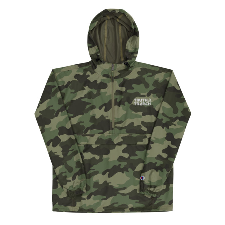 TruthTrench camo Champion packable jacket. Embroidered TruthTrench logo on front - TruthTrench