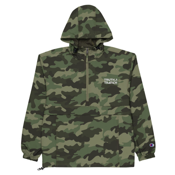 TruthTrench camo Champion packable jacket. Embroidered TruthTrench logo on front - TruthTrench