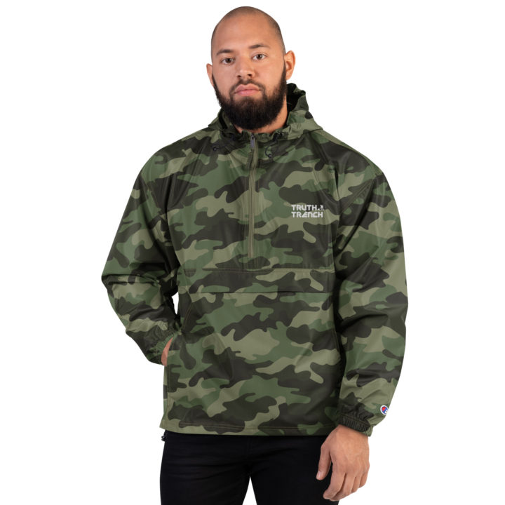 TruthTrench camo Champion packable jacket. Embroidered TruthTrench logo on front - TruthTrench