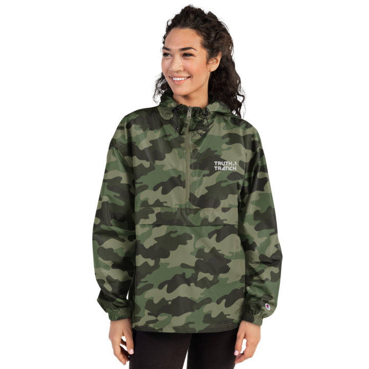 TruthTrench camo Champion packable jacket. Embroidered TruthTrench logo on front - TruthTrench