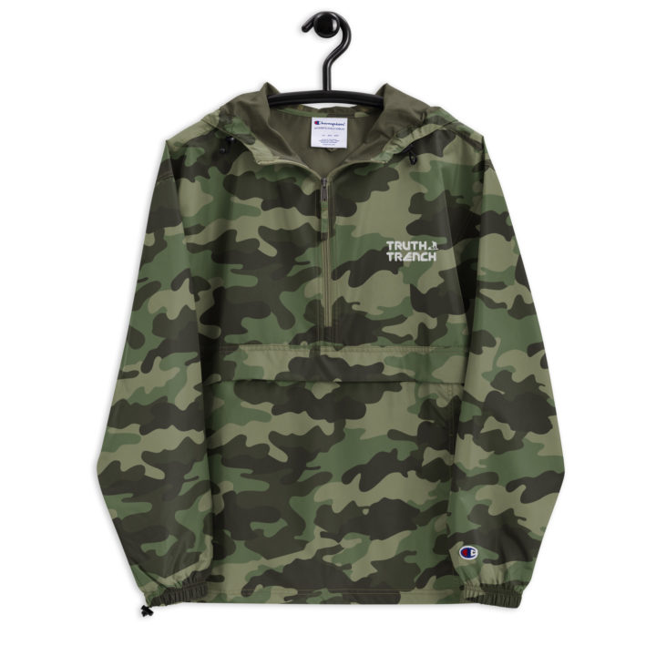 TruthTrench camo Champion packable jacket. Embroidered TruthTrench logo on front - TruthTrench