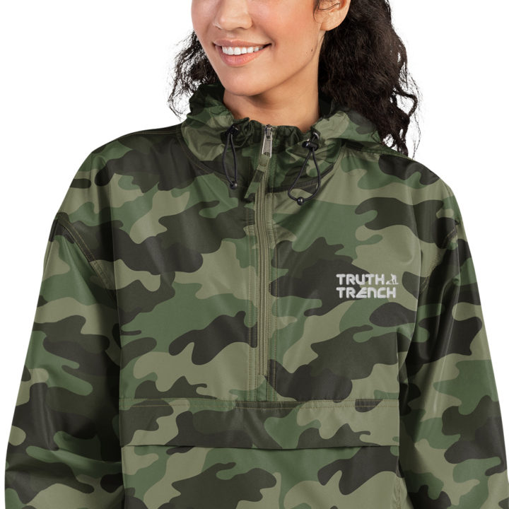 TruthTrench camo Champion packable jacket. Embroidered TruthTrench logo on front - TruthTrench