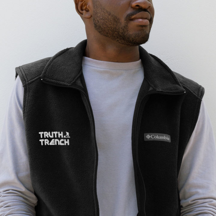 TruthTrench men’s black Columbia fleece vest. TruthTrench logo on front - TruthTrench