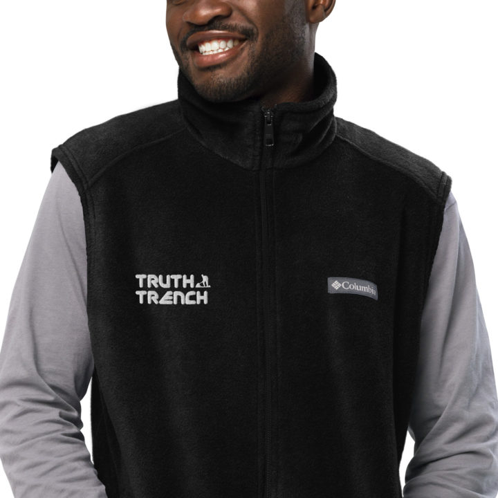 TruthTrench men’s black Columbia fleece vest. TruthTrench logo on front - TruthTrench