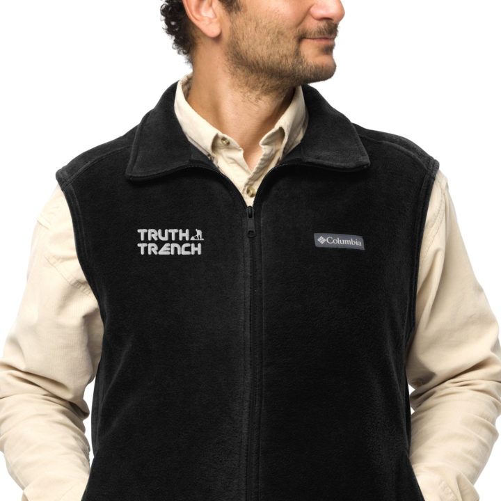 TruthTrench men’s black Columbia fleece vest. TruthTrench logo on front - TruthTrench