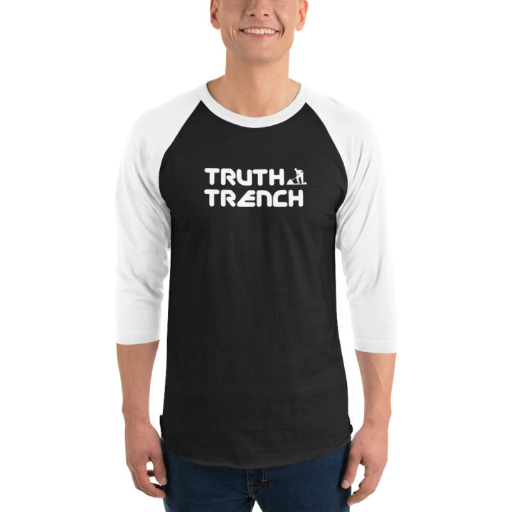 Unisex 3/4 sleeve black shirt with white sleeves. Truth Trench logo on the front- TruthTrench