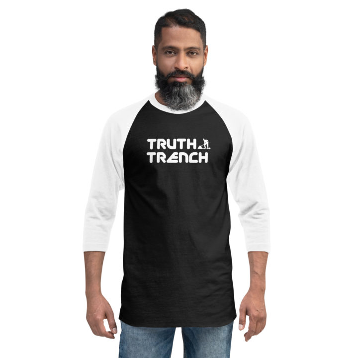 Unisex 3/4 sleeve black shirt with white sleeves. Truth Trench logo on the front- TruthTrench