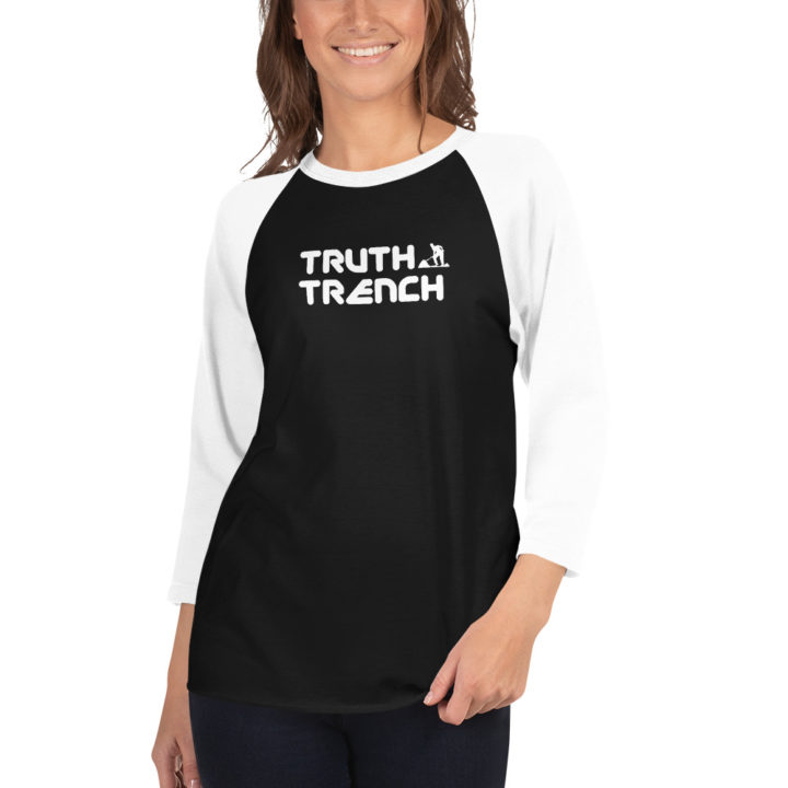 Unisex 3/4 sleeve black shirt with white sleeves. Truth Trench logo on the front- TruthTrench