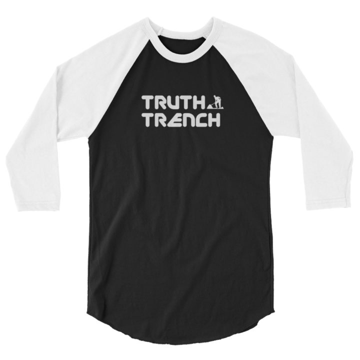 Unisex 3/4 sleeve black shirt with white sleeves. TruthTrench logo on front - TruthTrench