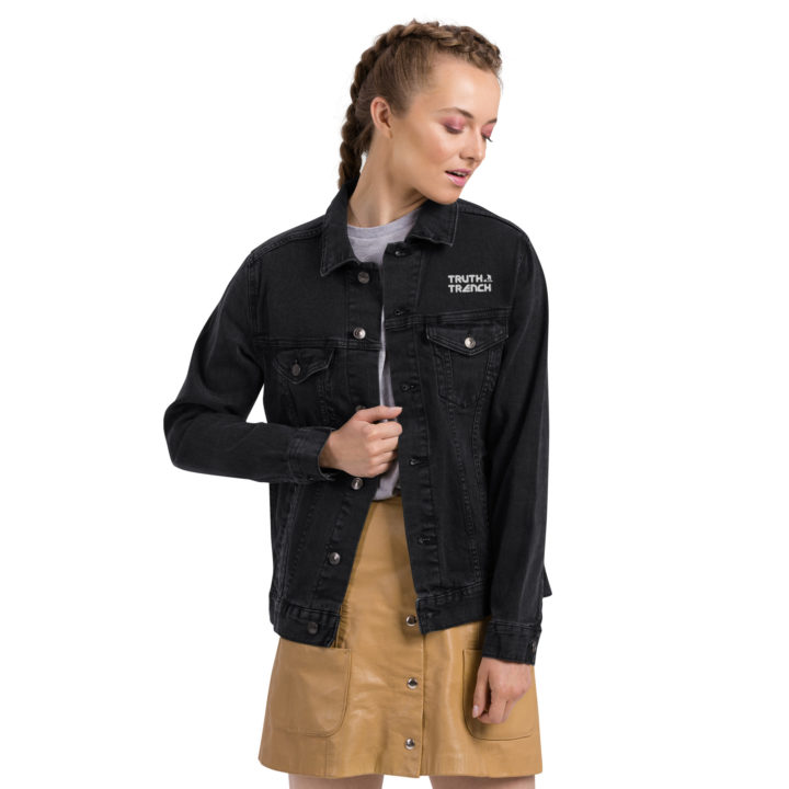 TruthTrench unisex black denim jacket. TruthTrench logo on front - TruthTrench