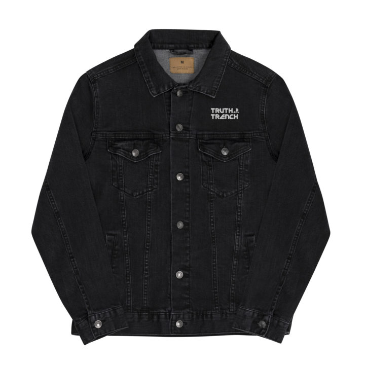 TruthTrench unisex black denim jacket. TruthTrench logo on front - TruthTrench