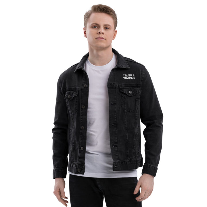 TruthTrench unisex black denim jacket. TruthTrench logo on front - TruthTrench