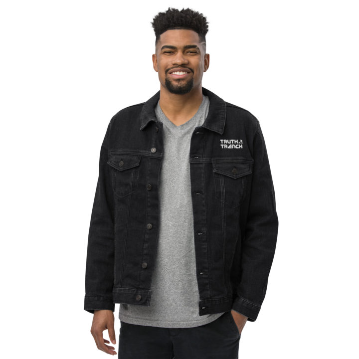 TruthTrench unisex black denim jacket. TruthTrench logo on front - TruthTrench