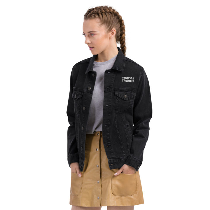 TruthTrench unisex black denim jacket. TruthTrench logo on front - TruthTrench