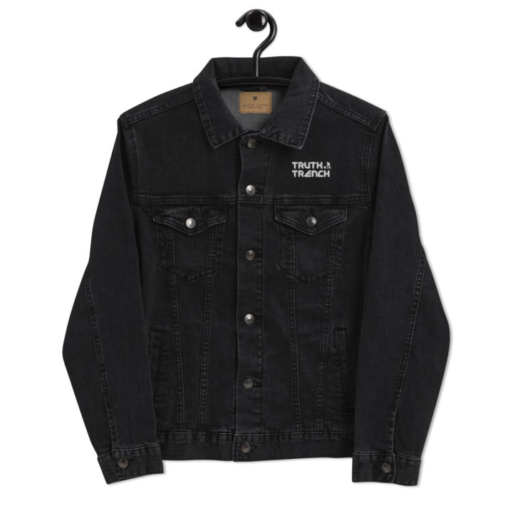 TruthTrench unisex black denim jacket. TruthTrench logo on front - TruthTrench