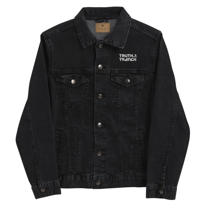 TruthTrench unisex black denim jacket. TruthTrench logo on front - TruthTrench