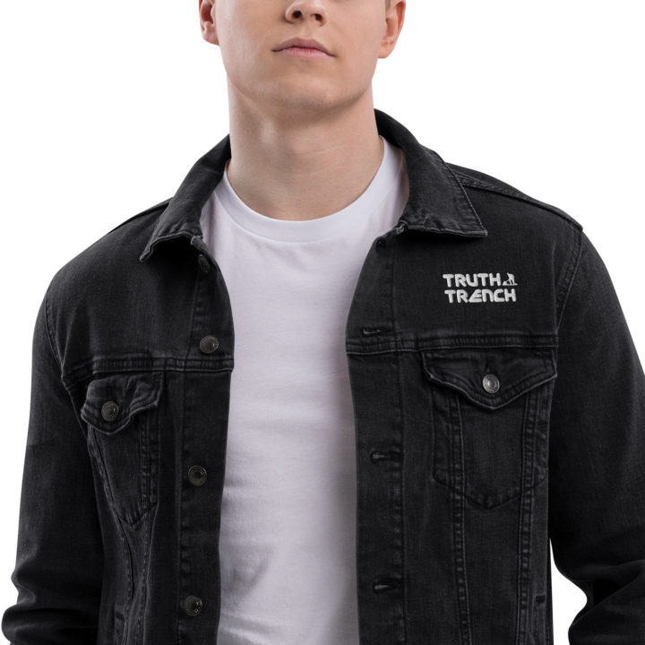 TruthTrench unisex black denim jacket. TruthTrench logo on front - TruthTrench